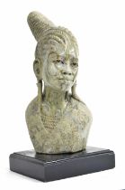 Carved stone figural bust sculpture of an African tribal lady, unsigned, mounted upon a square