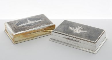 Two similar Thai white metal boxes, with Niello type decorated covers with buildings and a goddess