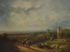 Follower of Thomas Gainsborough (19th century) - The Granville monument, Lansdown, Bath with peasant