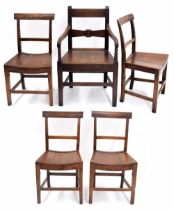 Set of four Georgian country elm dining chairs, 17" wide, 15" deep, the seats 17.5" high and the