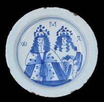 Rare English Delft pottery William and Mary commemorative plate, circa 1690,