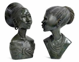 Elliott Katombera, Zimbabwe - two similar carved stone bust sculptures of African tribal women