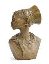 Elliott Katombera, Zimbabwe - carved stone figural bust sculpture of an African tribal lady,