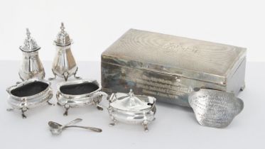 Edwardian silver cruet set by Deakin & Francis Ltd., comprising a pair of cruets, 3.25" high; pair