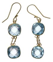 Pair of 14ct yellow gold blue topaz drop earrings, each with two gems, 1.1gm, drop 30mm