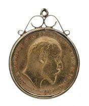 Edwardian 1902 full sovereign coin in a 9ct mount, 9.3gm