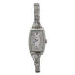 Attractive Gruen 14k white gold filled rectangular wire-lug lady's wristwatch, signed rectangular