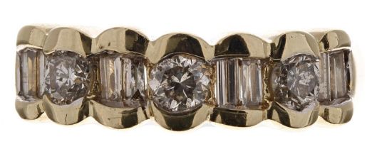 14ct yellow gold baguette and round brilliant-cut diamond ring, width 6mm, 6.4gm, ring size O/P