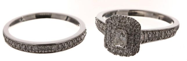 Modern platinum diamond set two-piece bridal ring, the cluster ring 0.78ct, the half eternity ring