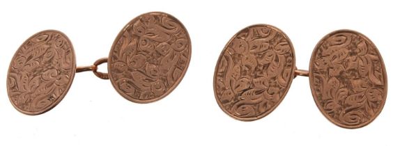 Pair of oval 9ct engraved cufflinks, Birmingham 1911, 6.4gm