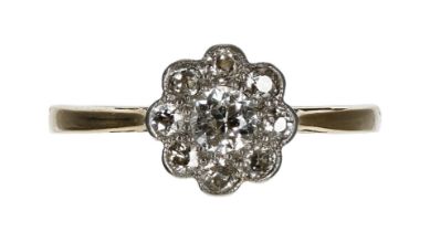 Attractive 18ct old-cut diamond nine stone cluster ring, the centre diamond 0.25ct approx, clarity
