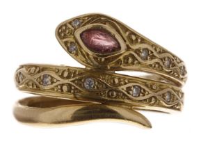 18ct yellow gold serpent design ring, set with a single marquise ruby and round brilliant-cut