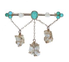 Attractive Murrle Bennett & Co 9ct turquoise and pearl brooch, the set bar with suspended chains and