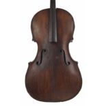 19th century violoncello in need of restoration and bearing an illegible label, 30 3/4", 78cm