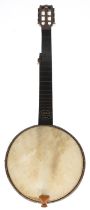 Interesting old five string banjo by and stamped Butler, Haymarket, London on the perch pole and