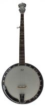 Cort five string banjo, with banded resonator, geometric mother of pearl inlaid fretboard, 11"