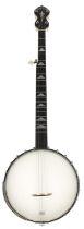 Gold Tone WL 250 five string banjo, bearing the maker's oval sticker to the inside pot wall