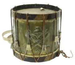 Interesting French military drum, the brass body repousse with alternating panels of foliage and