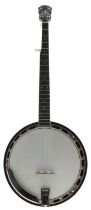 Five string anonymous banjo with mahogany banded resonator, mother of pearl dot inlay to the