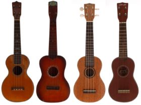 Old Hollywood ukulele in need of restoration; also three contemporary ukuleles by Stagg, Mahalo,