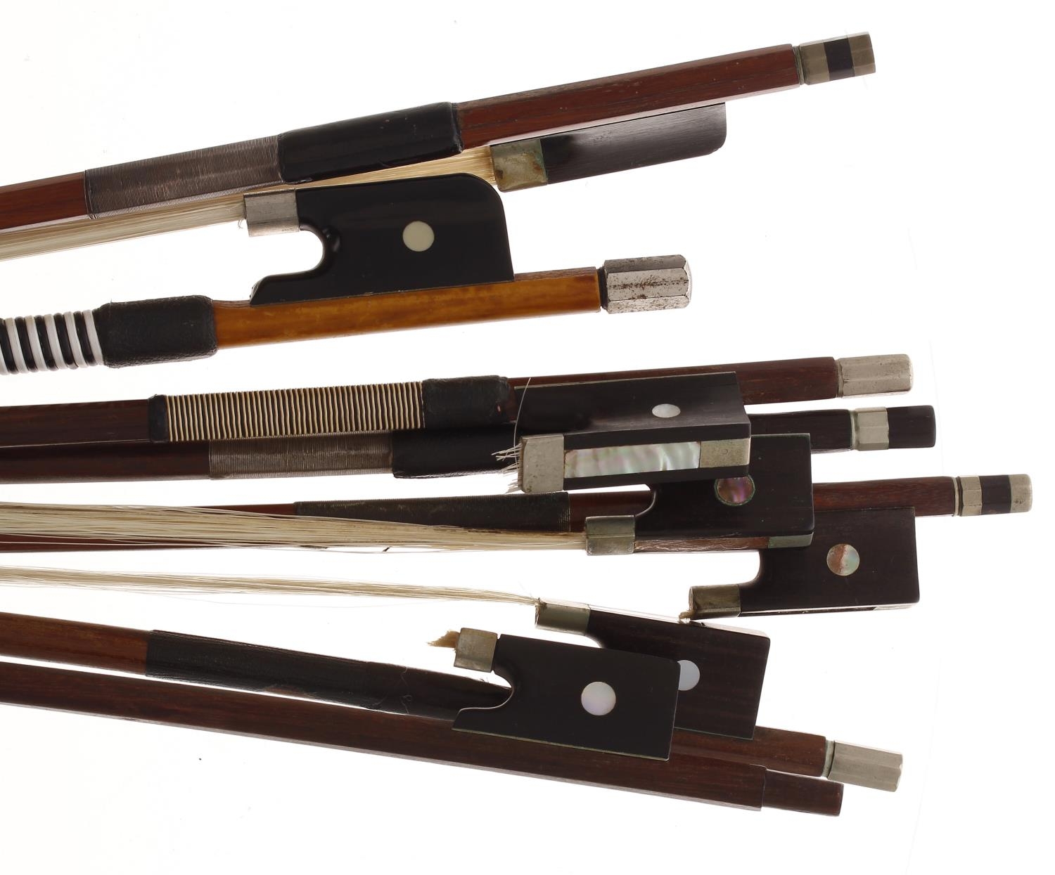 Nickel mounted violoncello bow; also six old nickel mounted violin bows (7)