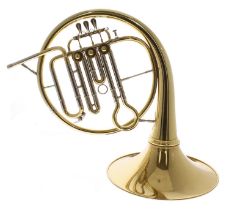 Good contemporary York French brass horn, with detachable screw-on bell, within a fitted case