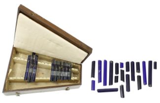 English single xylophone circa 1800, with tuned blue glass bars, within a mahogany case, 16.75" wide