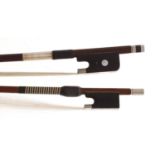 Nickel mounted violoncello bow, unstamped, 77gm; also a nickel mounted violin bow, unstamped,