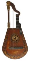 Good antique harp lute in the manner of Edward Light, the seven sided segmented maple back banded