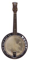 Trumelo BMI banjolele, with sunburst resonator cover, 7.75" skin, ser. no. 3013, case
