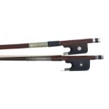 French silver mounted violoncello bow by and stamped Bausch, the stick round, the ebony frog