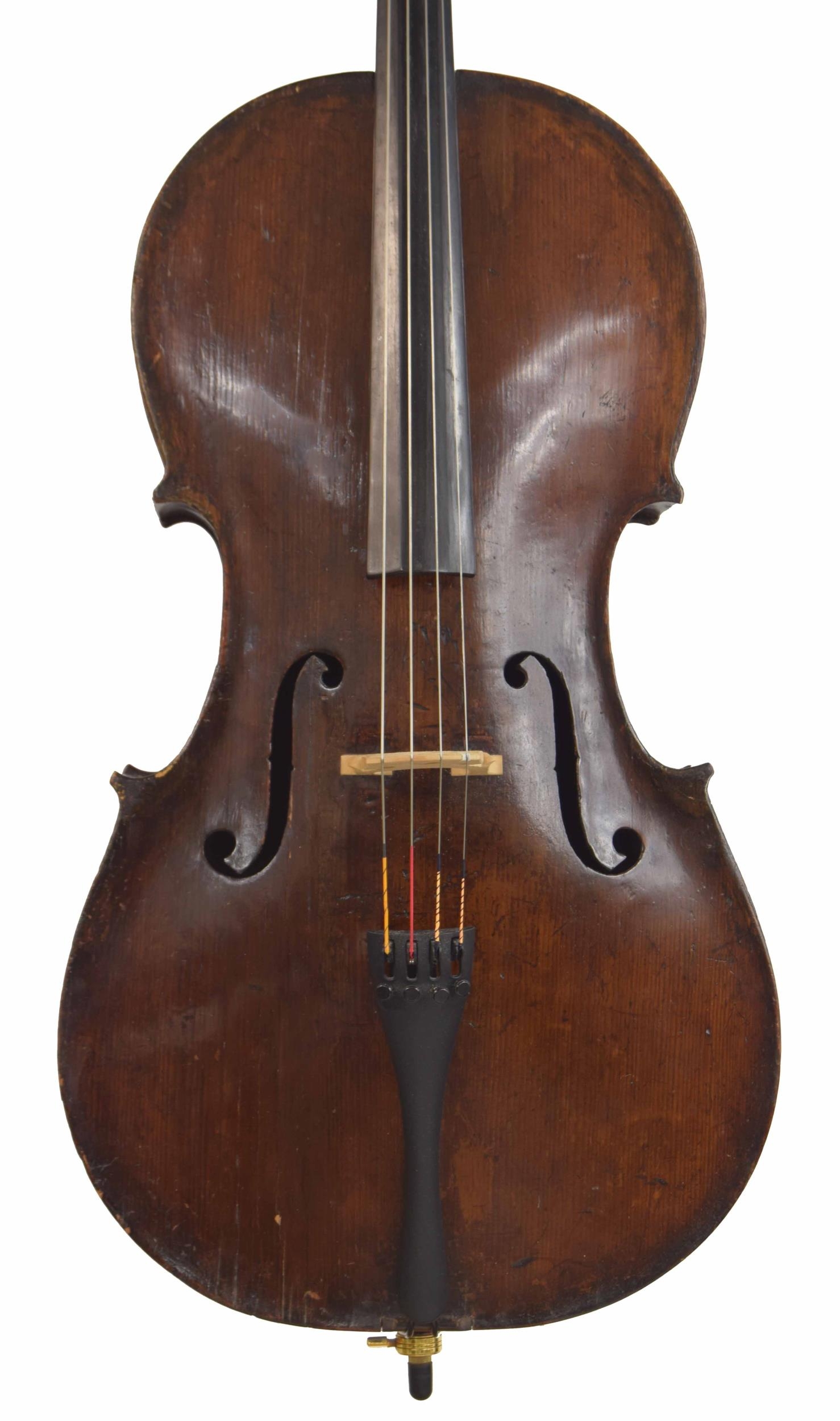 Interesting 18th century violoncello bearing a repairer's label dated 2017; also stamped faintly,