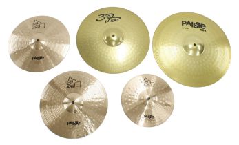 Five Paiste cymbals: pair of 15" Alpha Power hi-hat tops, 12" Alpha Power splash,18" Crash/Ride