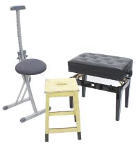 Good contemporary adjustable folding piano stool, with button-back black leather seat, 25" wide