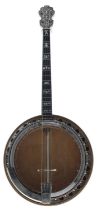 Majestic tenor banjo, with maple banded resonator, geometric foliate mother of pearl inlay to the
