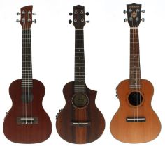 Three contemporary ukuleles, all with electrical pickups, labelled: Ibanez Model no. UEW13MEE-DBO,