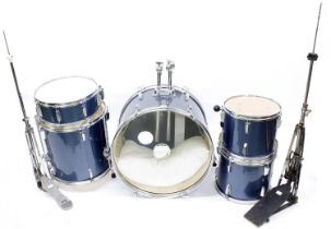 Drum World UK five piece drum kit, blue metallic finish, with hardware and stool; also a pair of tom