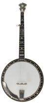 Good Stelling Red Fox five string banjo, bearing the maker's trademark oval label fixed to the