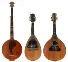 Old flatback pear shaped mandolin in need of restoration, unlabelled; also a Neapolitan mandolin
