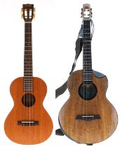 Contemporary Flight Fireball baritone EQ-A ukulele; also a contemporary Mahalo baritone ukulele,
