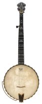 Handmade anonymous five string open back banjo, with chevron banded wooden resonator, geometric