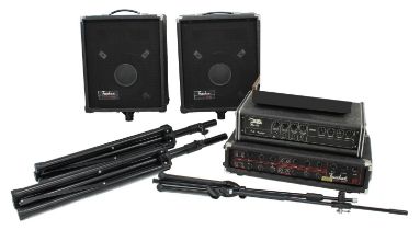 Custom Sound Trucker PA reverb amplifier head and speakers, with covers, speaker stands and
