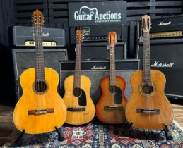 Four acoustic guitars to include a classical guitar labelled Rojos Carl, an early 20th century nylon