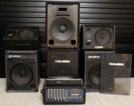 Carlsbro PA system comprising a GR2000 powered mixer and Samson Servo 170 studio amplifier, a pair