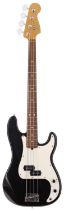 1996 Fender American Standard Precision Bass guitar, made in USA; Body: black finish, surface