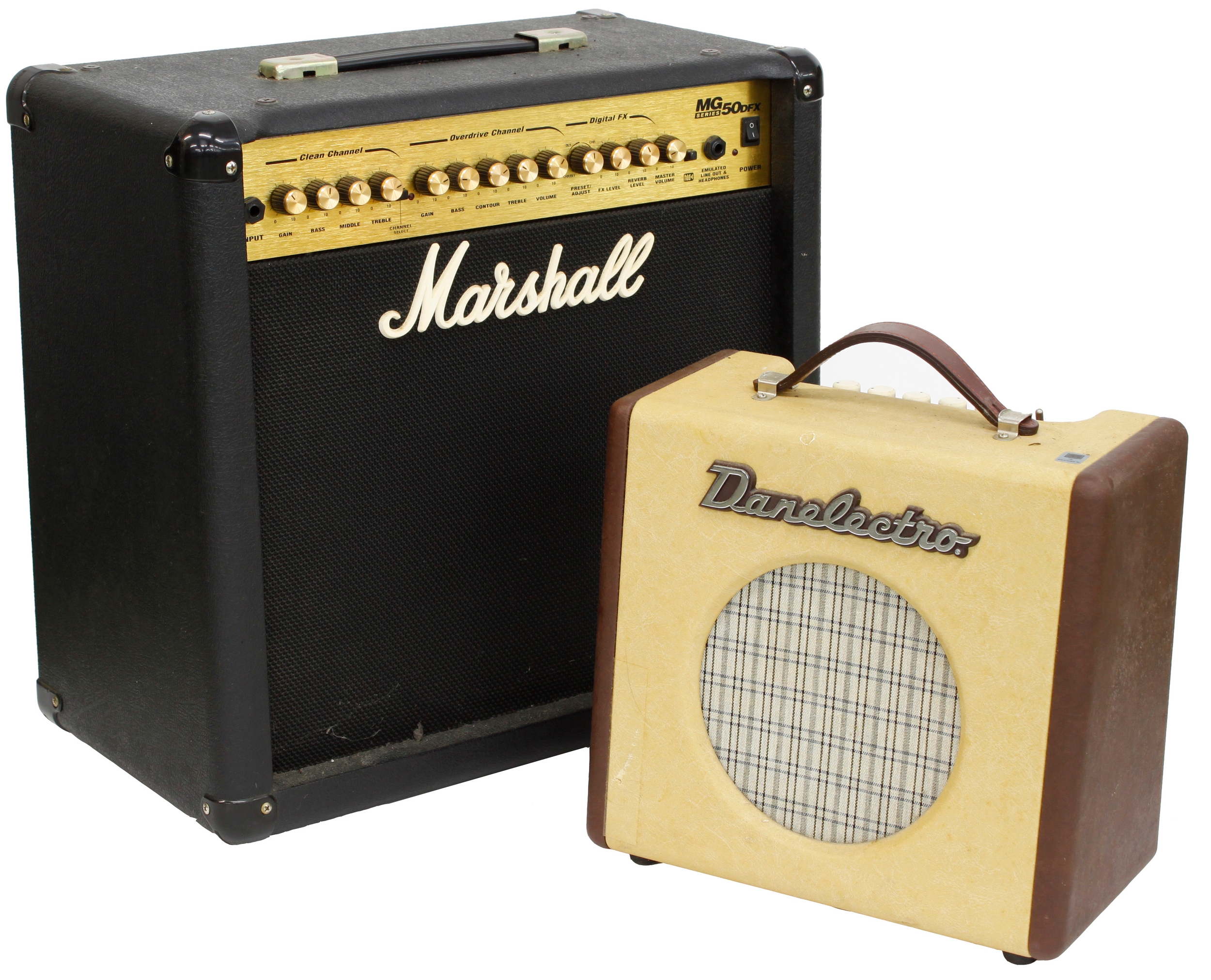 Danelectro Nifty Fifty guitar amplifier; together with a Marshall MG Series 50DFX guitar