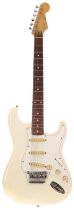 Mid 1980s Squier by Fender Stratocaster with System One trem; Body: Olympic white finish, some