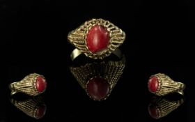 18ct Gold - Attractive Red Coral Set Dre