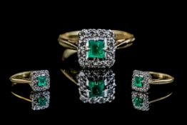 18ct Gold and Platinum Emerald and Diamond Set Square Shaped Cluster Ring. Marked 18ct and Platinum.