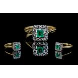 18ct Gold and Platinum Emerald and Diamond Set Square Shaped Cluster Ring. Marked 18ct and Platinum.